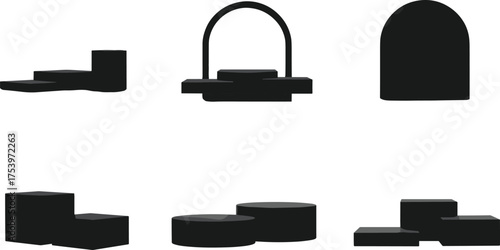 industrial machine parts silhouette, mechanical component icons, engineering equipment vector, factory tool shapes, black metal fittings, manufacturing design elements, machinery illustration, 