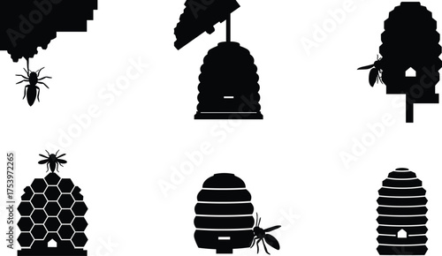 Silhouette beehive icons, honeybee illustration, natural hive design, traditional beekeeping art, insect graphic, honeycomb pattern, vector bee logo, apiary symbol collection