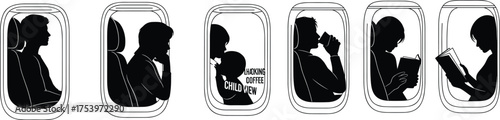 Airplane window silhouettes with passengers drinking, reading, sleeping, child interaction, tablet use, travel behavior, cup, book, mobile device