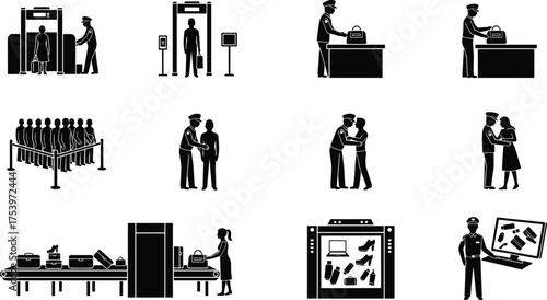 Airport security icons with metal detector, body scanner, bag inspection, pat-down, X-ray machine, queue, digital kiosk, travel safety