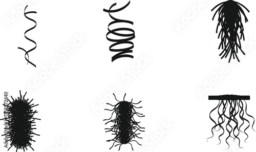 Black bacterial silhouettes showing diverse shapes and structures, microbiology illustration perfect for science design, educational use, and biological research themes