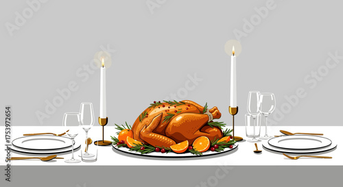 Thanksgiving Dinner Table with Roasted Turkey and Lit Candles.