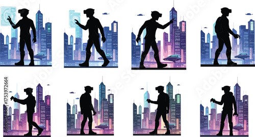 Augmented reality cityscape, virtual interaction, futuristic skyline, immersive technology, holographic interface, silhouette user,