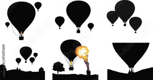 Hot air balloon silhouette, scenic flight, burner launch, floating over hills, adventure travel, sky journey, outdoor leisure, basket, flame, valley