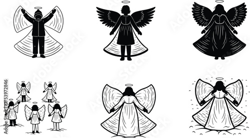 Black and white angel illustrations, spiritual artwork, divine beings with wings and halos, religious celestial figures in robe,