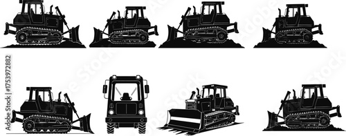 Bulldozer silhouettes collection, construction equipment icons, heavy machinery vector, industrial vehicle graphics, black excavator shapes, engineering tools illustration set