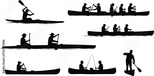 Canoe and kayak silhouette, group paddling, fishing scene, water sport, outdoor recreation, paddleboard, nature, motion, adventure, teamwork