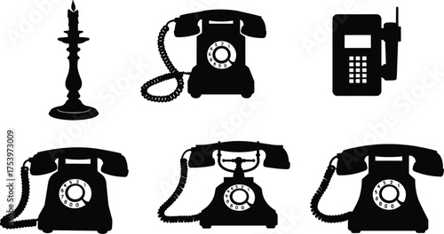 vintage telephone silhouettes, antique candlestick phone, rotary dial icons, retro communication devices, old push button phone, classic telecom design, black vector illustration,