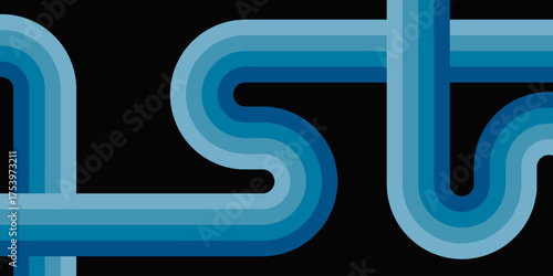 Abstract retro background with curved blue lines on a black backdrop creating a modern geometric wave design.
