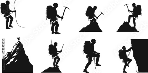 Mountain climber, silhouette pose, rock climbing, adventure gear, peak ascent, outdoor challenge, rope, harness, trekking, extreme sport, cliff scaling