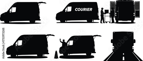 Courier van, delivery service, silhouette design, package handling, rear view, transport vehicle, 