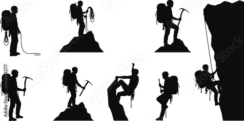 Mountain climber, silhouette pose, rock climbing, adventure gear, vertical ascent, cliff scaling, outdoor 