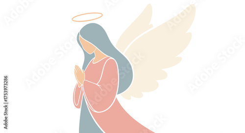 Elegant Angel Illustration with Halo and Wings in Prayer.