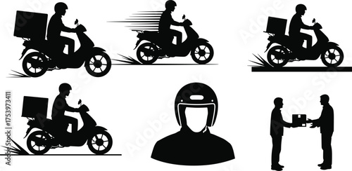 Motorcycle delivery service, courier rider, fast parcel shipping, logistics icon, package handoff, black silhouette illustration for e-commerce and transport