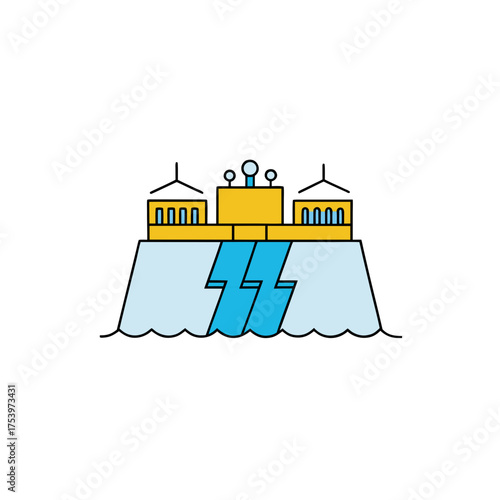 Hydroelectric dam with lightning bolts art on transparent background