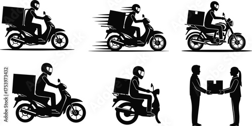 Motorbike courier delivery service, fast shipping, logistics icon, express transport, parcel handoff, black silhouette illustration for e-commerce and business