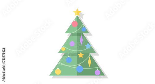 Illustration eines geschmückten Weihnachtsbaums mit Kugeln und Sternen auf weißem Hintergrund.