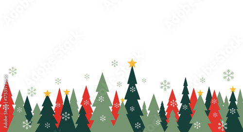 Eine Reihe von bunten Weihnachtsbäumen mit Sternen und Schneeflocken auf weißem Hintergrund.