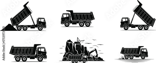 Dump truck silhouette illustrations with unloading action, excavator loading, construction terrain, 