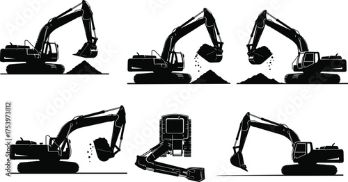 Excavator silhouette illustrations with scooping, dumping, front view, resting position, dirt movement, construction machinery, industrial motion, black icons, worksite scenes