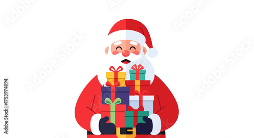 Fröhlicher Weihnachtsmann mit vielen bunten Geschenken in den Armen, bereit für Weihnachten.