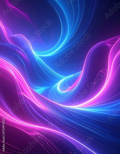 Abstract artwork featuring glowing, flowing ribbons in vibrant blue and pink hues, creating a dynamic design