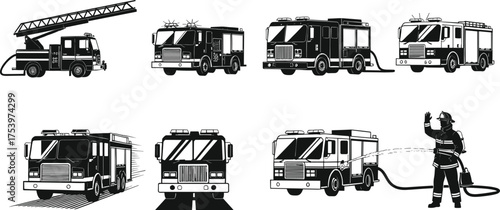 Fire truck, firefighter action, emergency response, rescue vehicle, ladder truck, hose spray, public safety, 