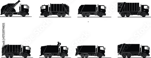 Garbage truck silhouette set, waste collection vehicle icons, sanitation truck vector, black-and-white illustrations, automated bin lifter, multi-axle designs