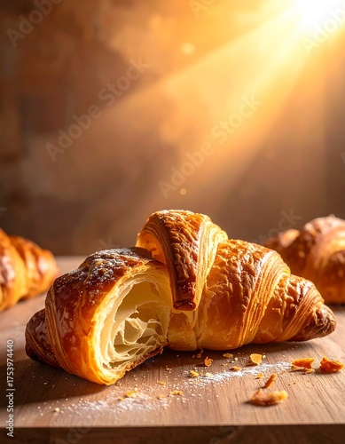 Close-up view of flaky pastries on a wooden surface, sunlit