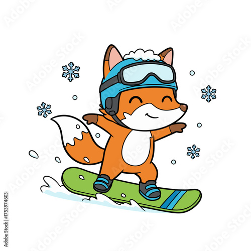 Cartoon fox snowboarding happily in winter snowy landscape  