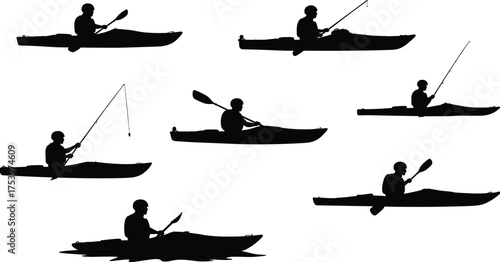 Kayak fishing, paddling silhouette, water sport, outdoor recreation, angler in kayak, lake activity, adventure, gear, motion, nature