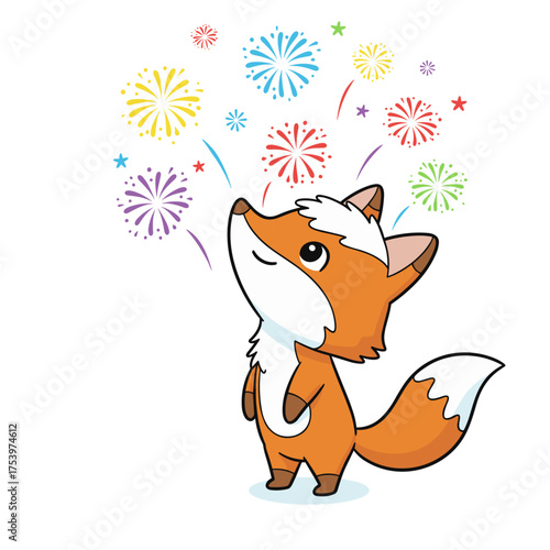 Cute fox admiring fireworks in colorful display  