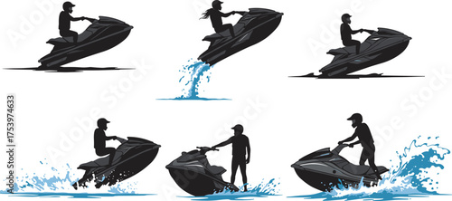 Jet ski silhouette, water sport, splash action, rider pose, extreme recreation, ocean thrill, aquatic motion, 