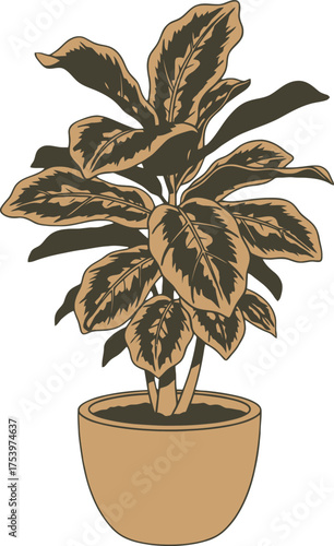 Stylized illustration of a fiddle leaf fig plant in a terracotta pot with brown and tan leaves on a white background