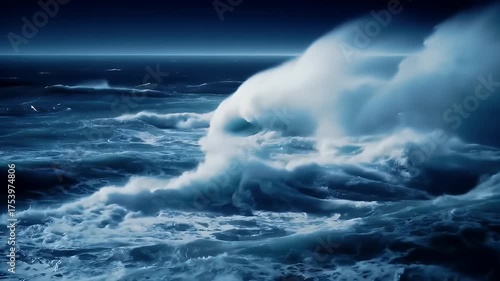 Dramatic Ocean Waves Crashing Under Moonlight in a Dark Blue Seascape Scene