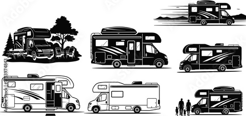 Motorhome illustrations in nature and travel scenes, RV camping with family, road trip adventure, mountain background, outdoor recreation, parked vehicles