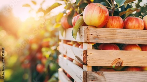 Golden hour apple harvest: Freshly picked red and yellow apples in a rustic wooden crate in a sunlit orchard