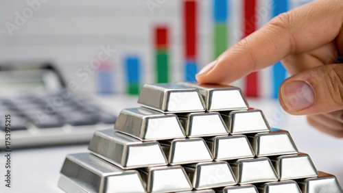 A hand positions a silver bar atop a pyramid of silver bars, with a calculator and colorful bar graphs in the background, symbolizing finance and investment.