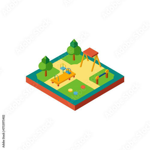 Isometric view of a playground with trees on transparent background