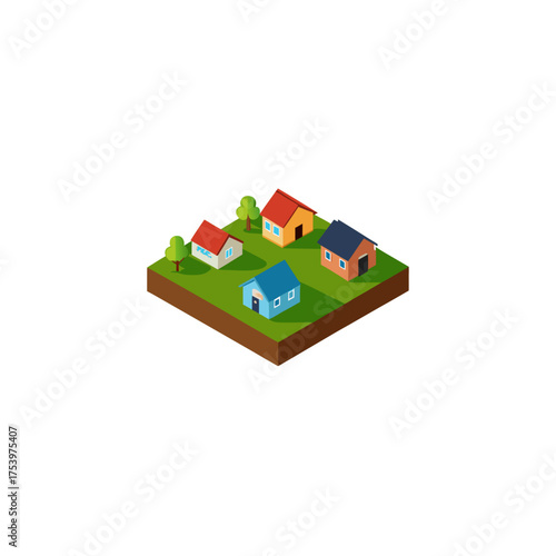 Isometric view of four houses on green land on transparent background