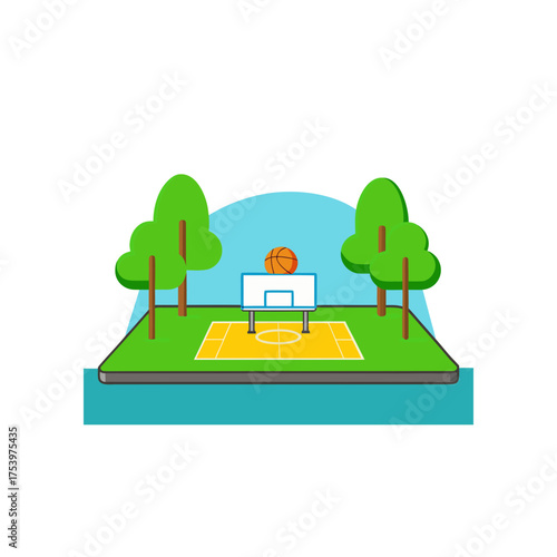 Basketball court with trees and a ball on top on transparent background