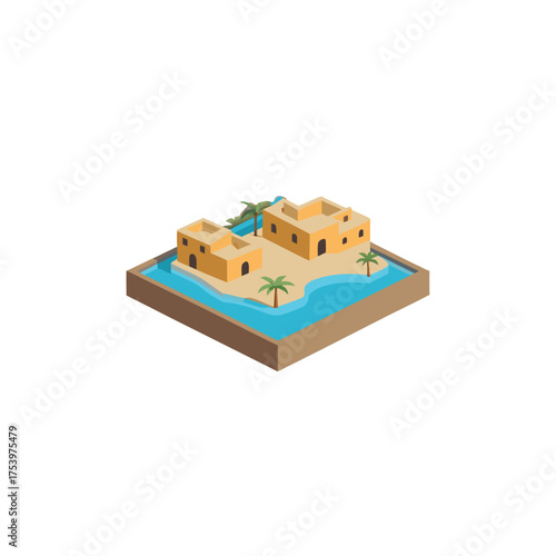 Isometric desert oasis with buildings palms on transparent background