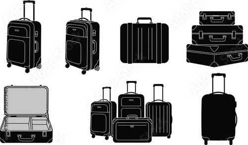 Suitcase illustrations with vintage stack, rolling luggage, open compartments, travel gear, hard-shell bags, silhouette icons, packing styles, baggage variety