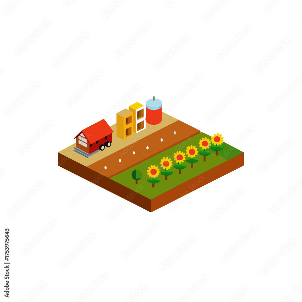 Obraz premium Isometric farm scene with house and crops on transparent background