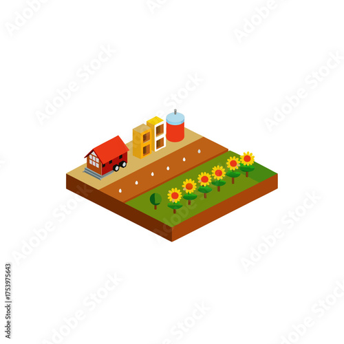 Isometric farm scene with house and crops on transparent background