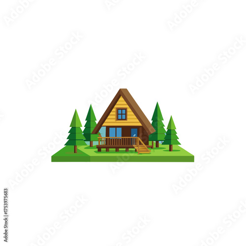 A frame cabin in a forest environment art on transparent background