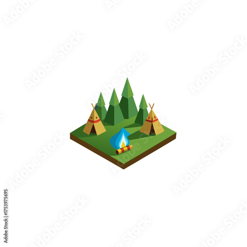 Isometric camp scene with teepees and fire on transparent background