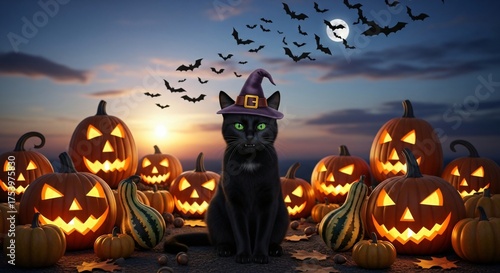Halloween Witch Cat with Pumpkins and Bats