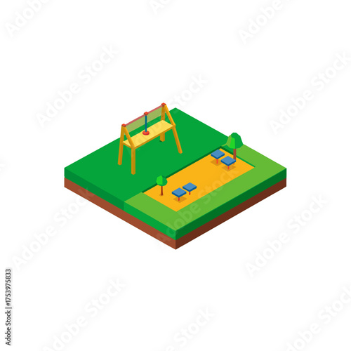 Isometric playground with swing and sandbox on transparent background