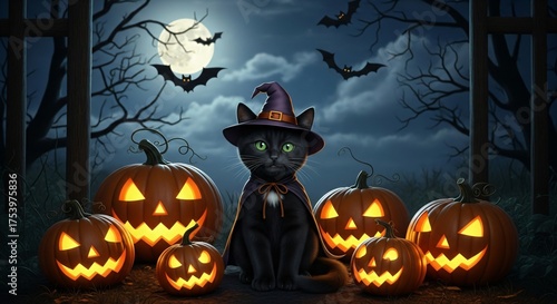 Halloween Witch Cat with Pumpkins and Bats
